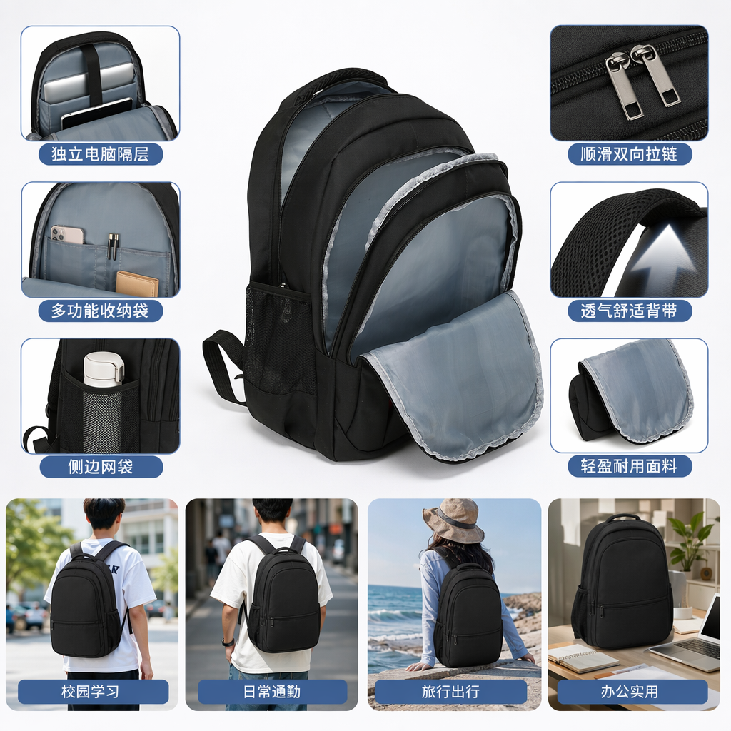 This black, simple business and casual backpack is lightweight, wear-resistant and has a large capacity for commuting and student use