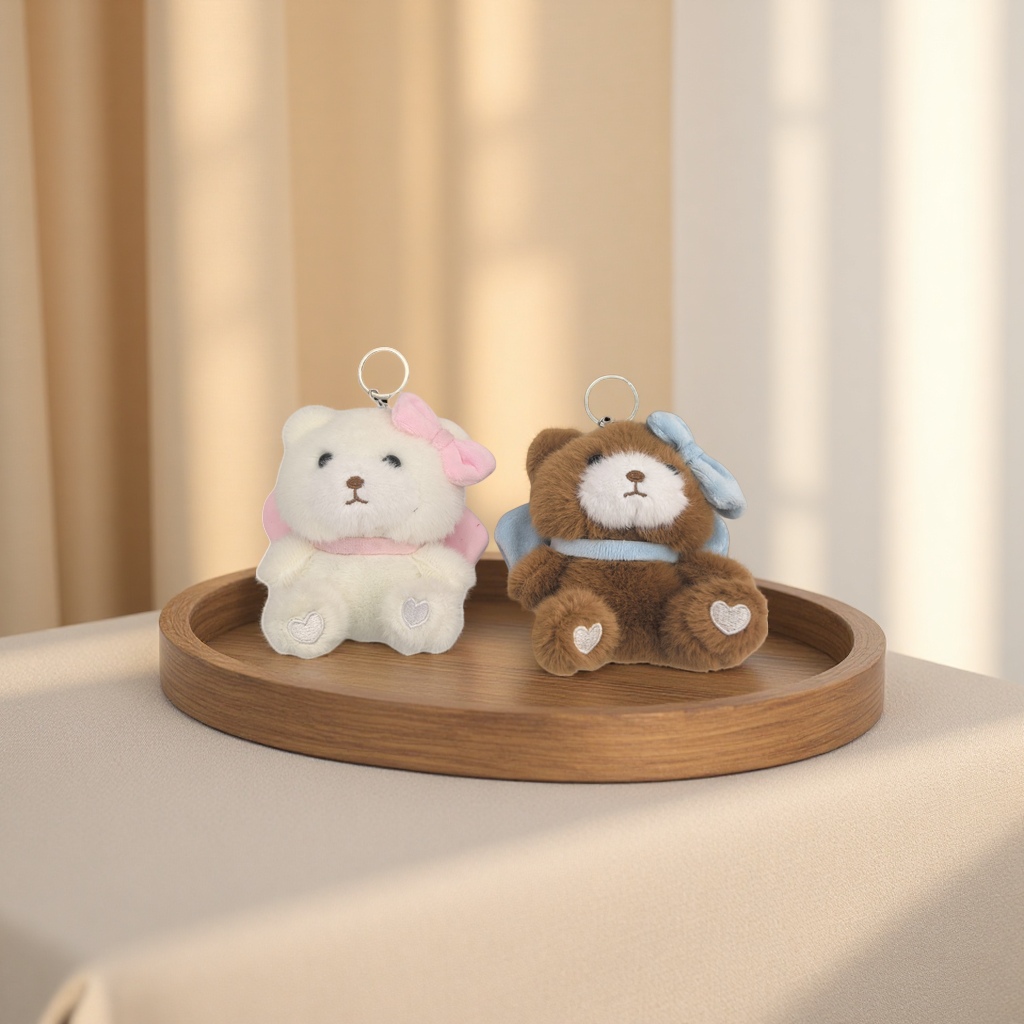 Lindo blanco peluche oso llavero suave adorable dibujos animados colgante marrón peluche oso llavero moda tendencia accesorios details Picture