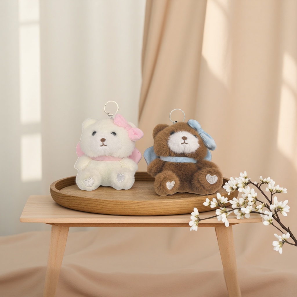 Lindo blanco peluche oso llavero suave adorable dibujos animados colgante marrón peluche oso llavero moda tendencia accesorios Specification image