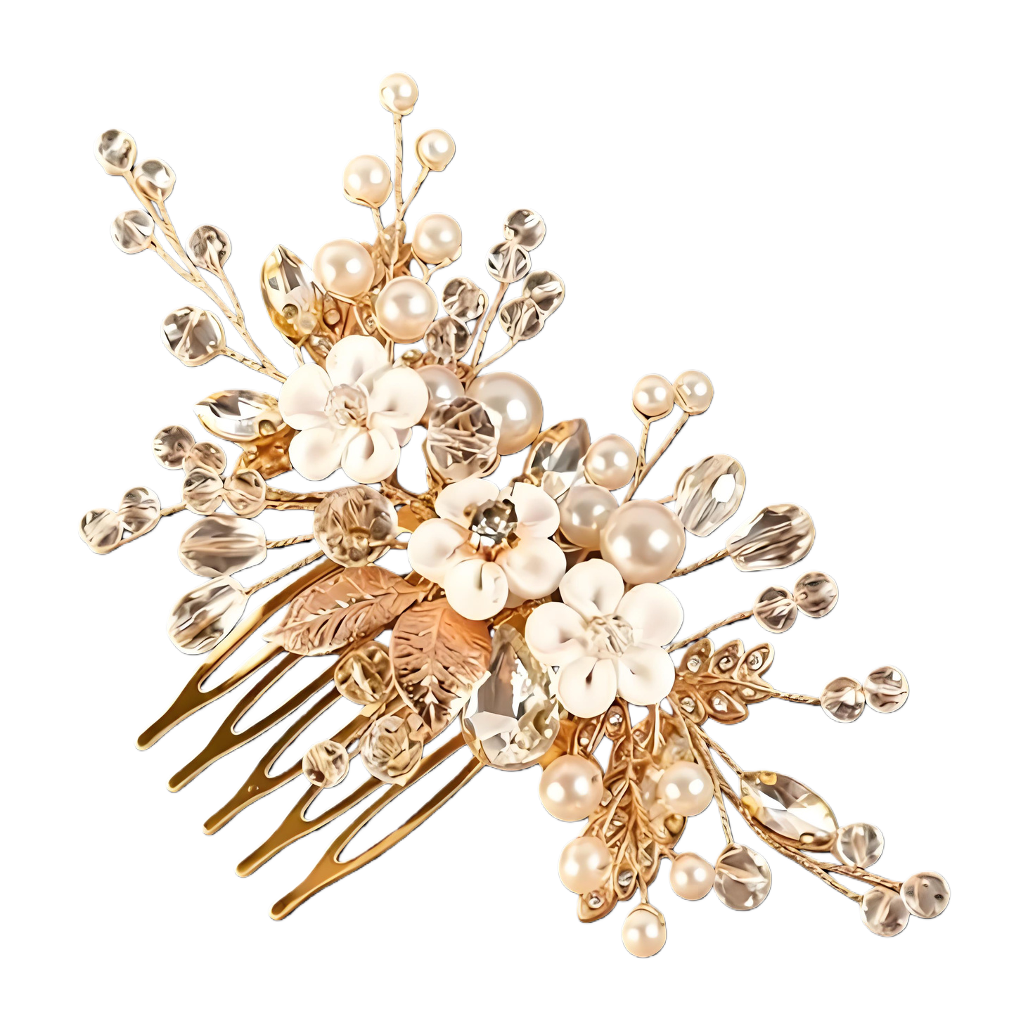 Golden pearl crystal flower hair comb, an elegant lady's headwear and decorative comb Item Picture