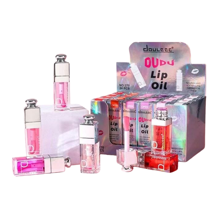 Pink background, shiny gradient lip oil set, transparent bottle, silver cap, colorful gift box Item Picture