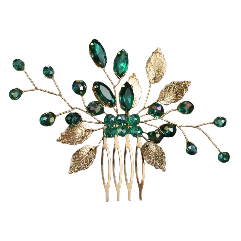Golden leaf emerald hair comb, a fashionable and elegant lady's comb Item Picture