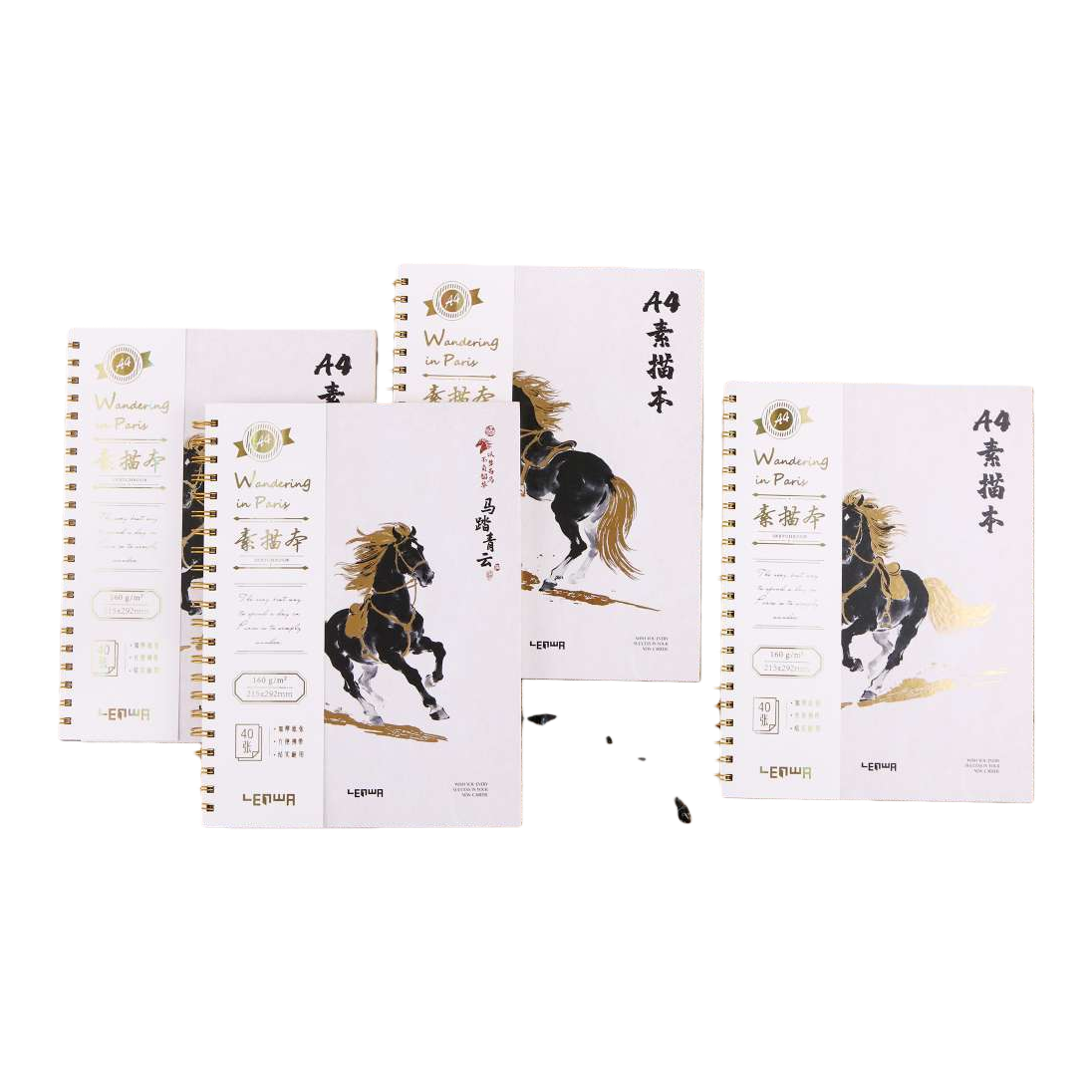The golden spiral-bound sketch album features a black horse galloping through the Parisian landscape on the cover, with white flowers and green leaves dotted against a woven texture background Item Picture