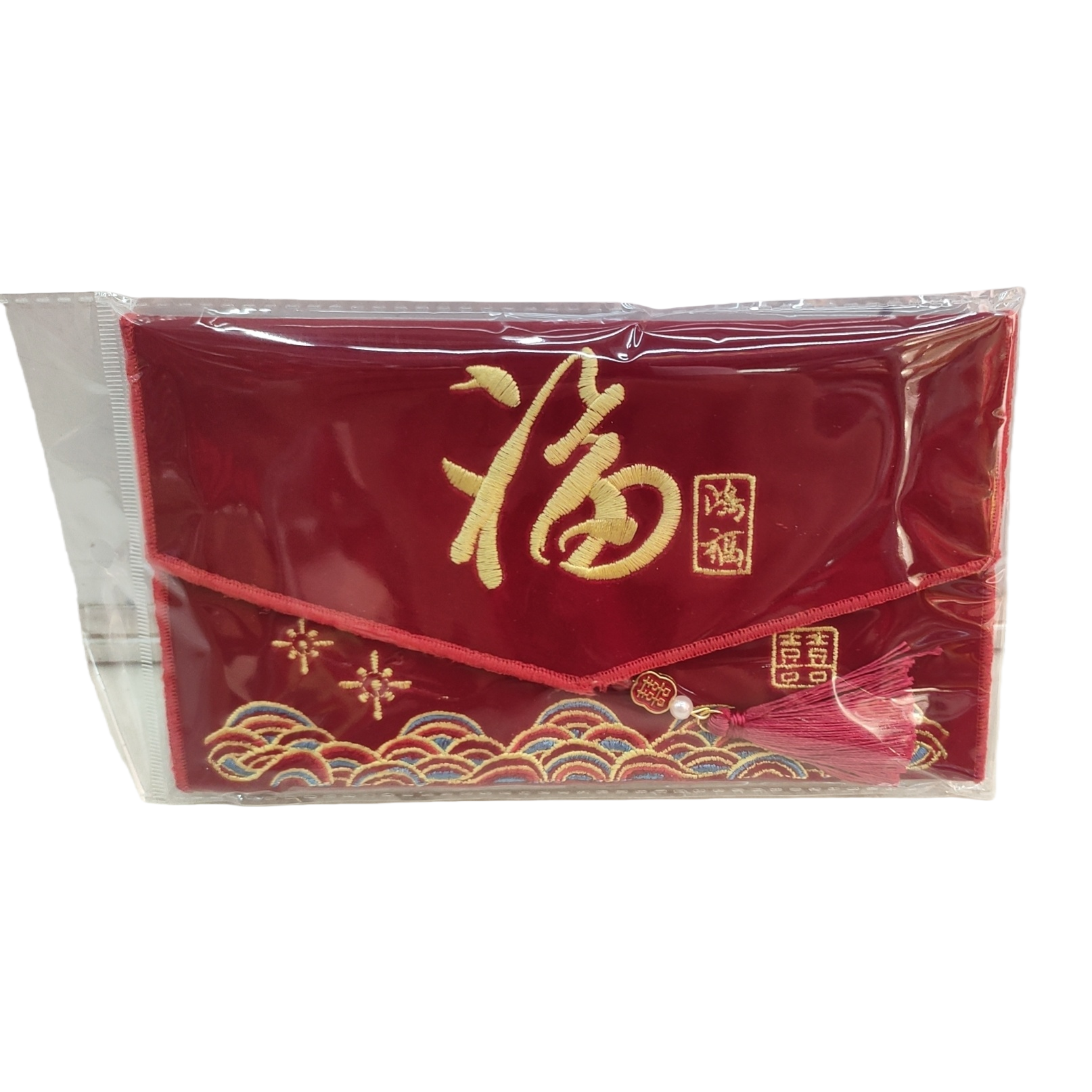 Red velvet lucky bag with golden "Fu" character and auspicious cloud tassels for festive gifts Item Picture