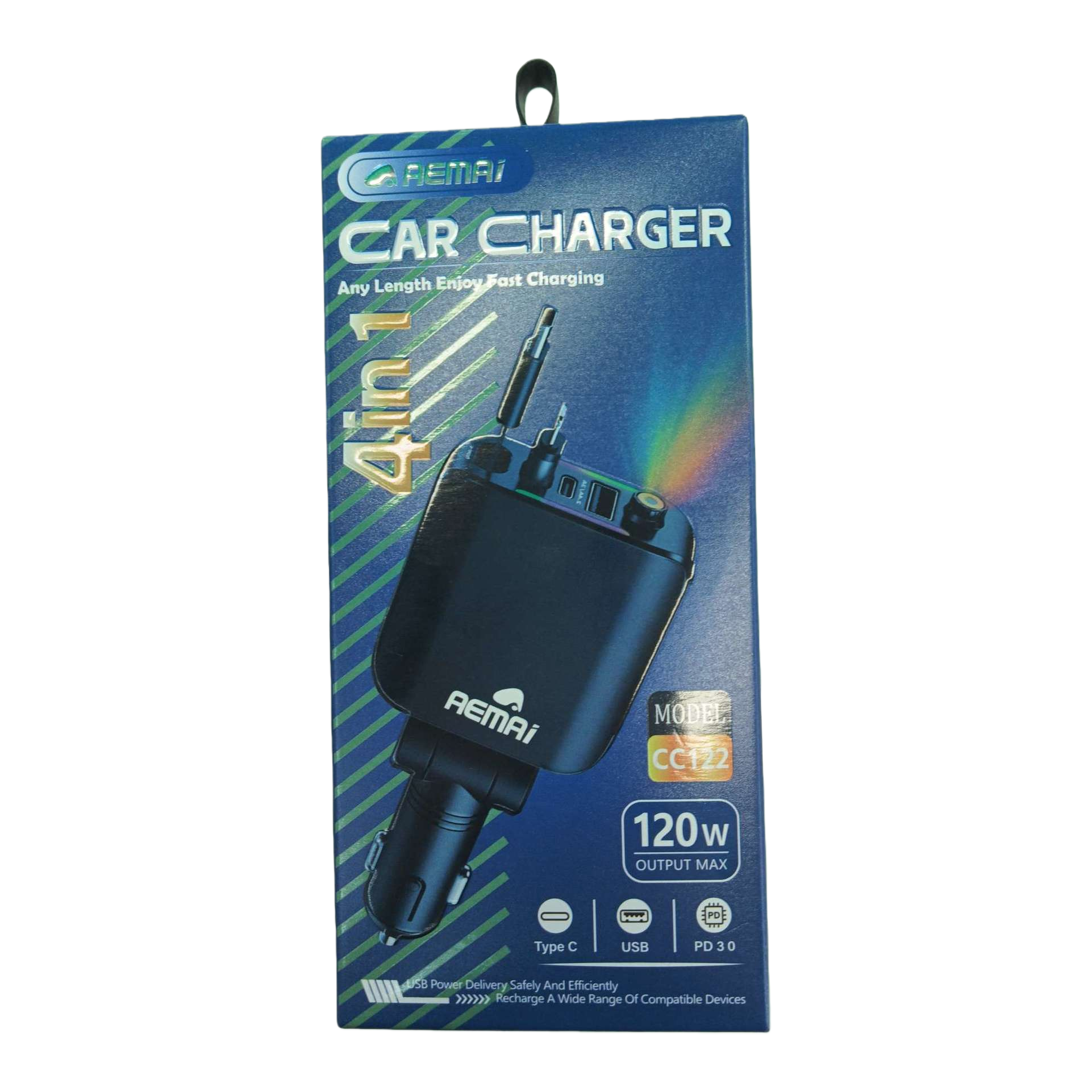 The multi-functional car charger in blue packaging box is portable and fast-charging. The car cigarette lighter is suitable for two vehicles in one Item Picture