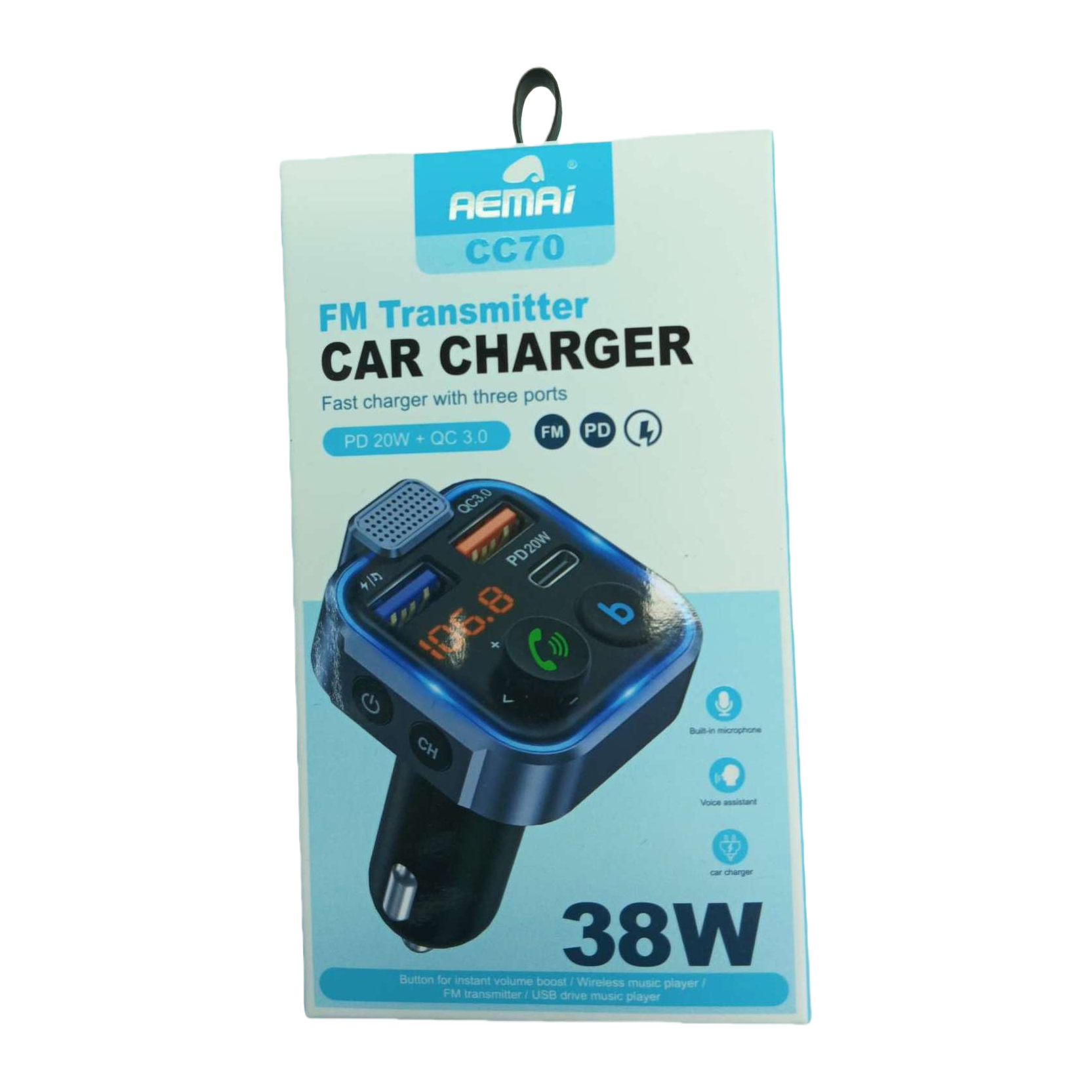 The blue car charger with FM transmission, fast charging interface and display screen is a multi-functional car charger suitable for various vehicle models Item Picture