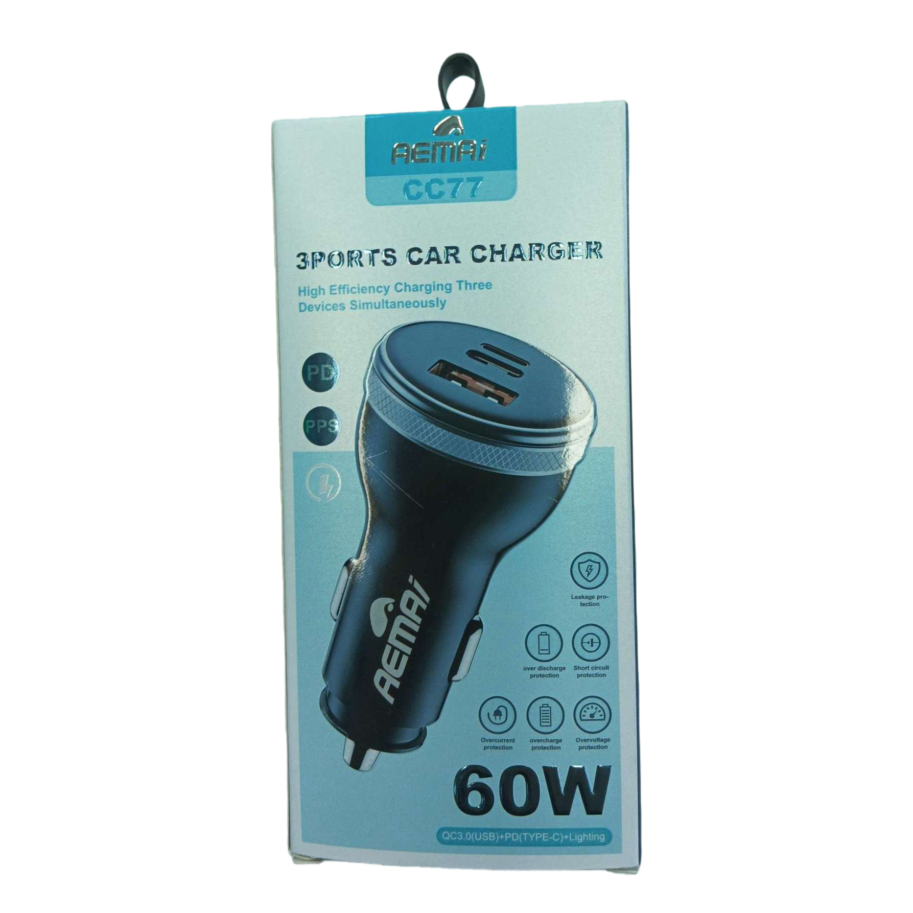 The multi-functional fast-charging car charger with a blue packaging box is a portable car charger that is compatible with multiple car models Specification image
