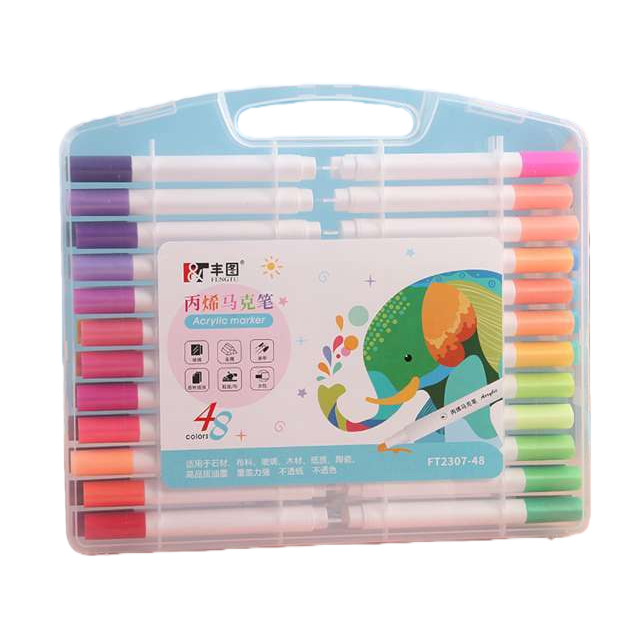 A set of colorful acrylic markers in a transparent plastic box for drawing, hand-drawing and doodling tools Item Picture