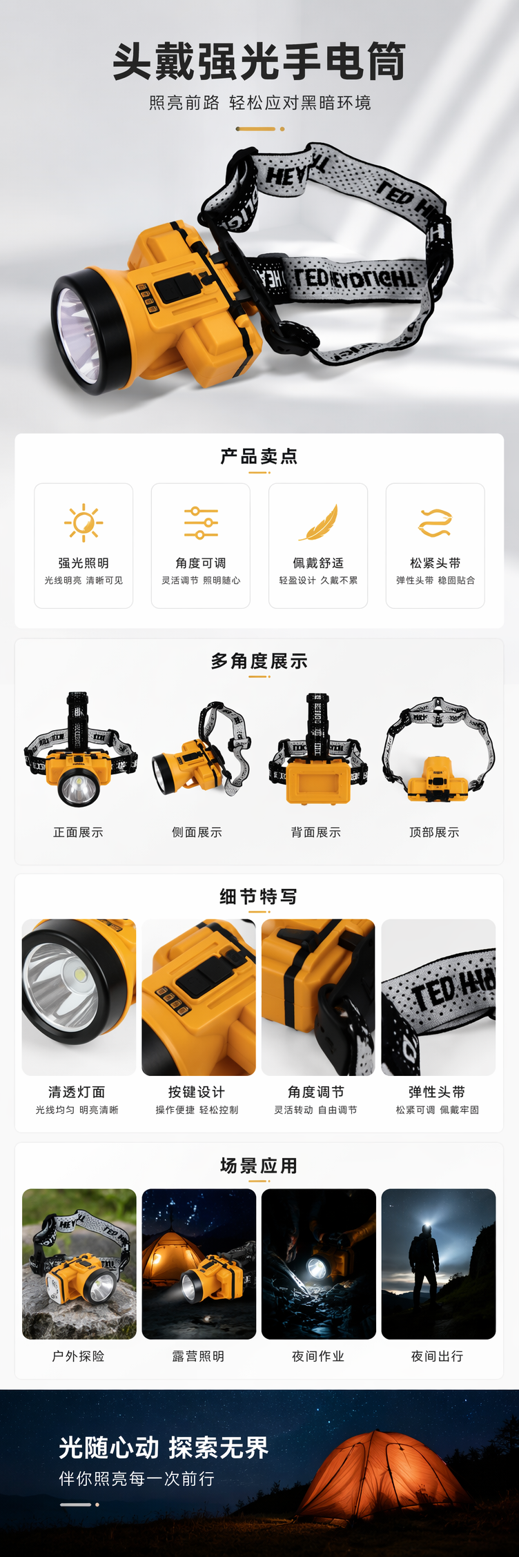 The new multi-functional smart sensor headlamp with adjustable Angle and dual-light source is a camping, hiking and home emergency headlamp detail image 1