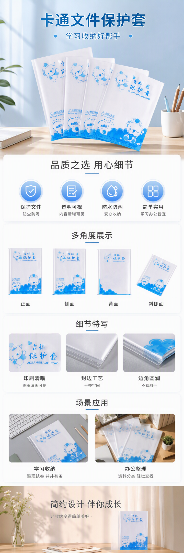 可爱卡通蓝色环保文件袋办公资料收纳袋学生文件夹整理包简约时尚详情1