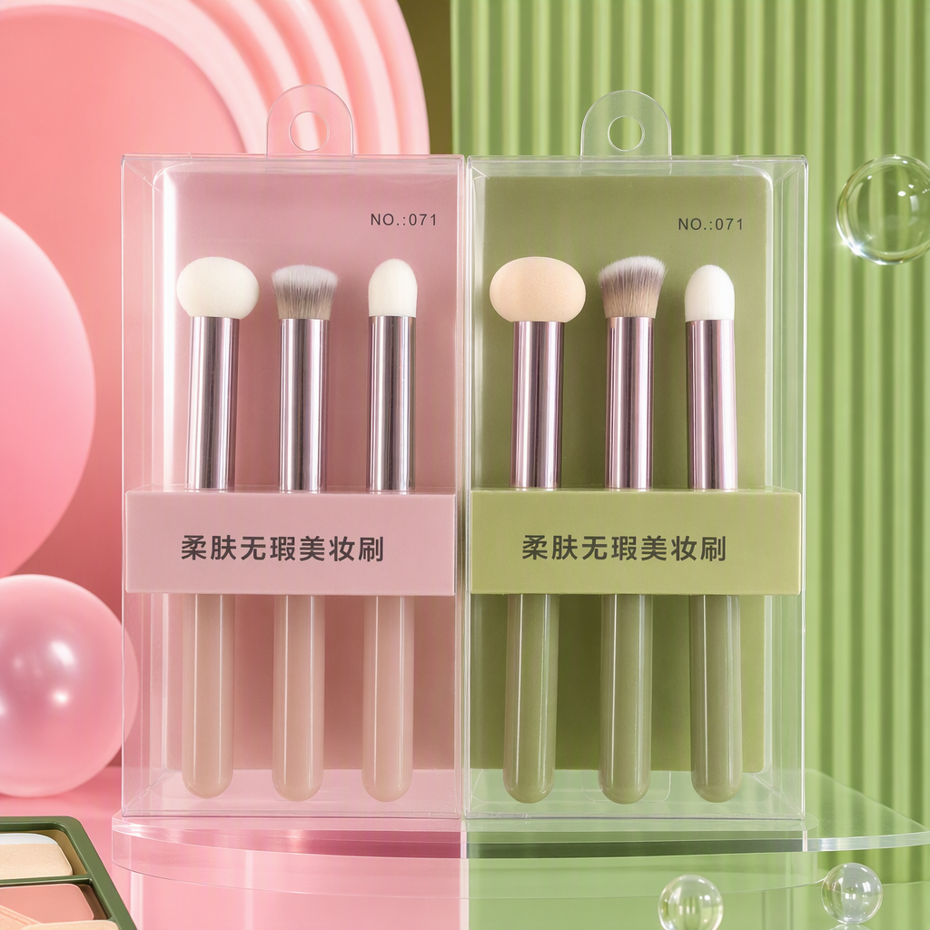 Pink and green packaging set of three makeup brushes, soft and delicate, multi-functional makeup tools, essential beauty gift box Specification image