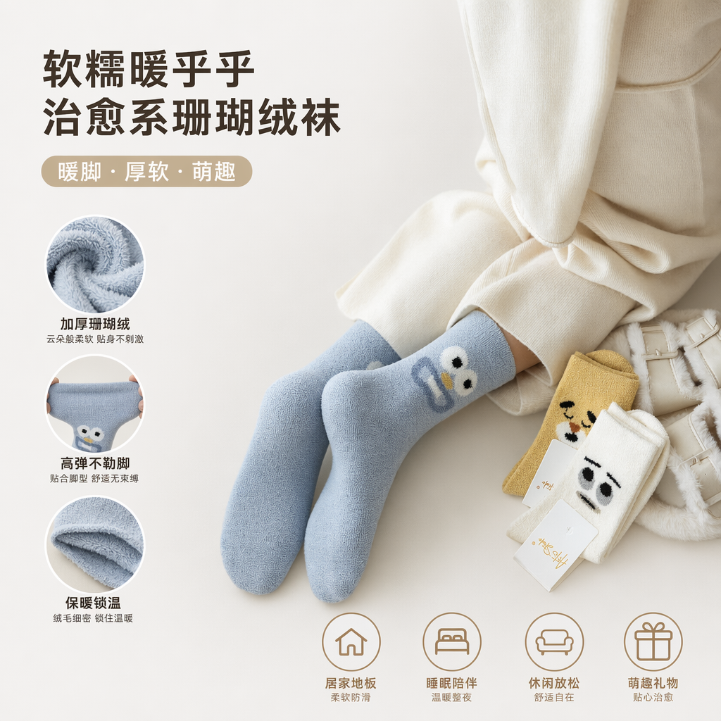 Light blue cartoon socks paired with yellow and white socks of the same style, plush slippers, and a white long-pile carpet