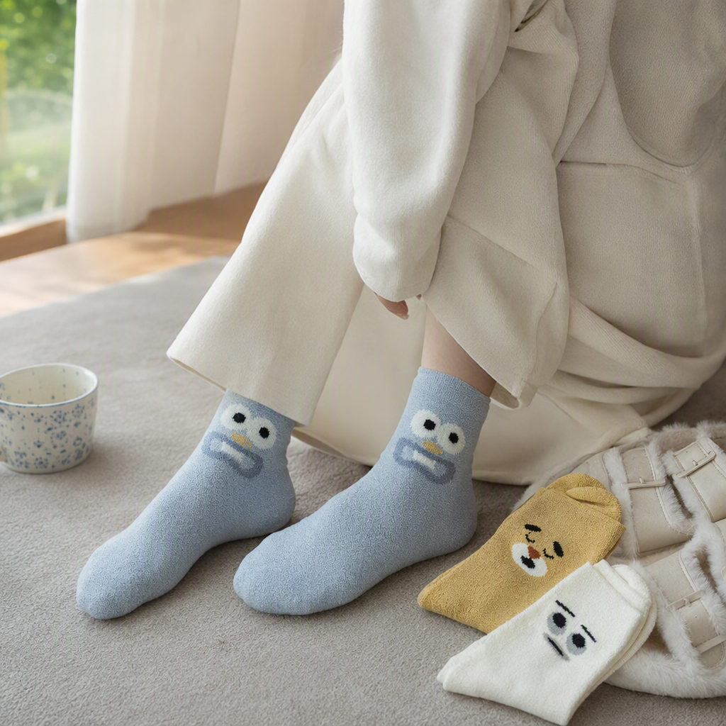 Light blue cartoon socks paired with yellow and white socks of the same style, plush slippers, and a white long-pile carpet details Picture