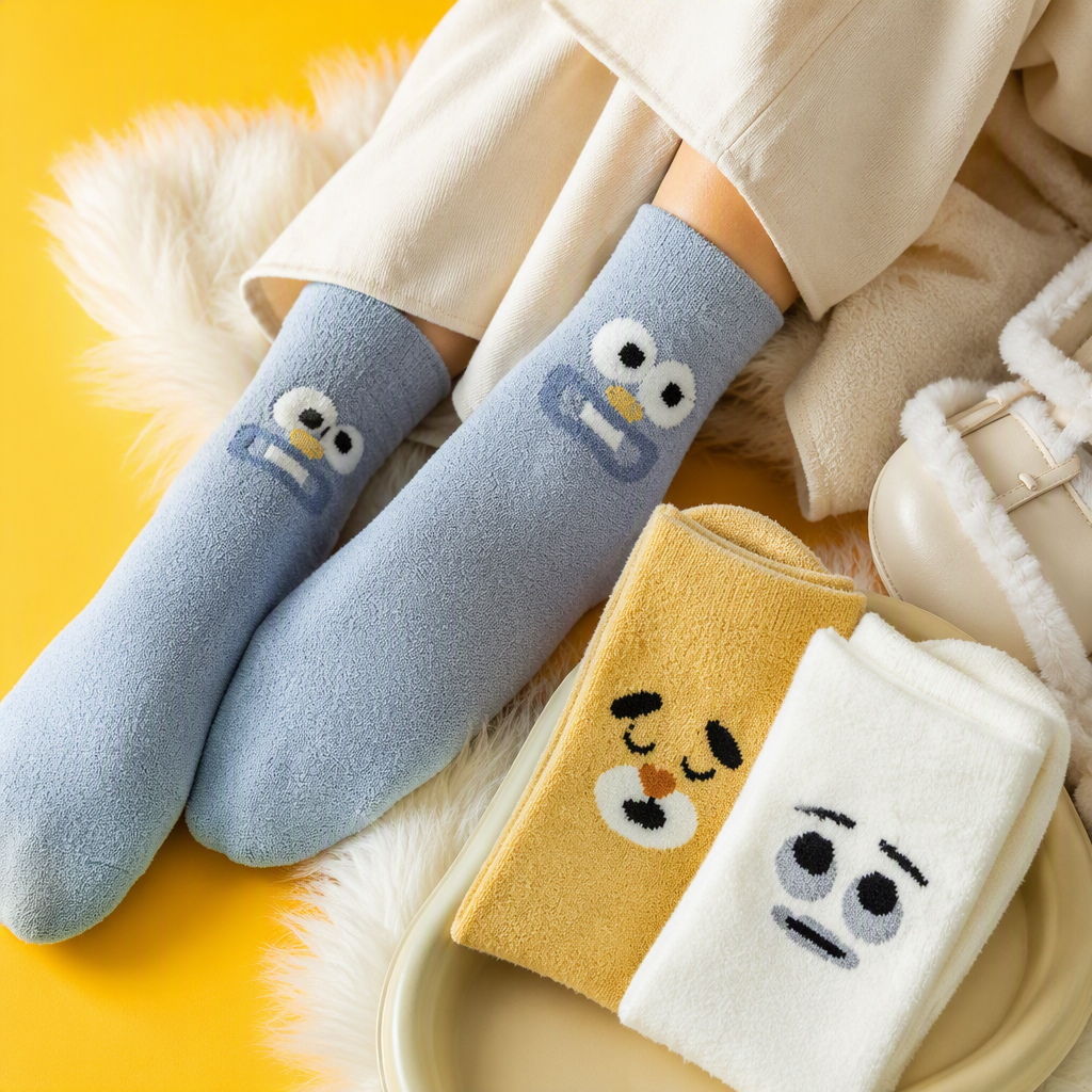 Light blue cartoon socks paired with yellow and white socks of the same style, plush slippers, and a white long-pile carpet Specification image