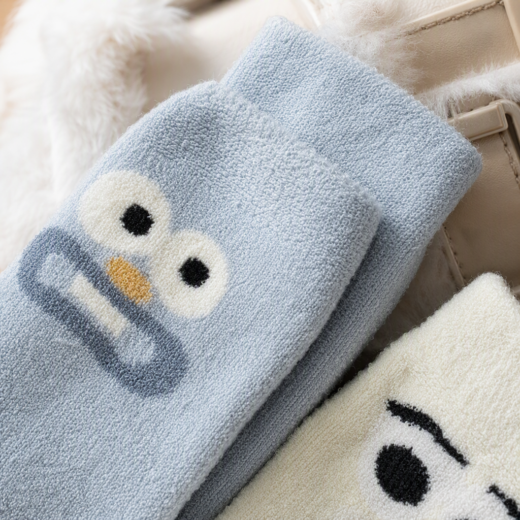 Light blue cartoon socks paired with yellow and white socks of the same style, plush slippers, and a white long-pile carpet Application Scenario