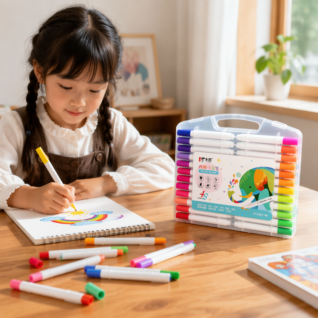 A set of colorful acrylic markers in a transparent plastic box for drawing, hand-drawing and doodling tools details Picture