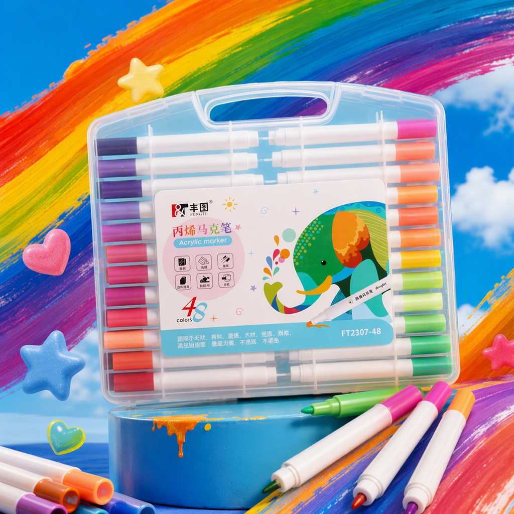 A set of colorful acrylic markers in a transparent plastic box for drawing, hand-drawing and doodling tools Specification image
