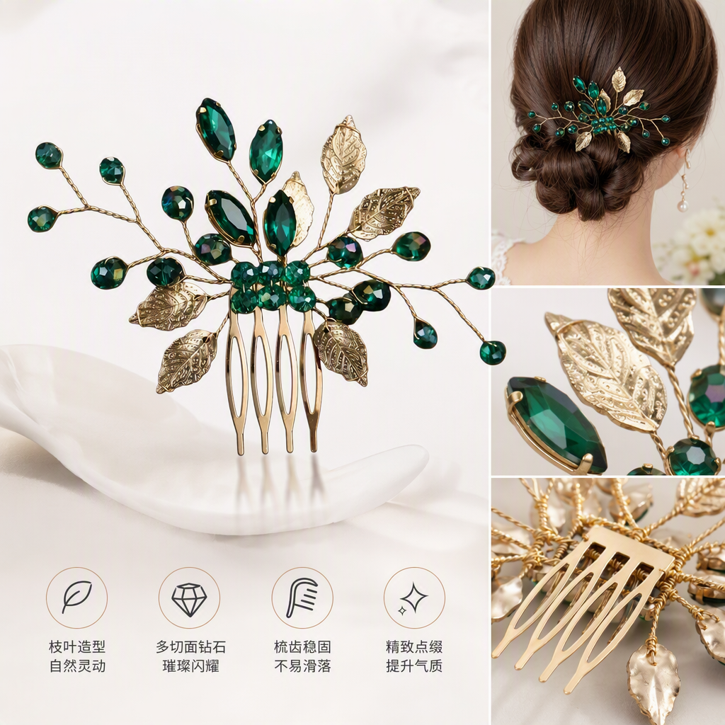 Golden leaf emerald hair comb, a fashionable and elegant lady's comb