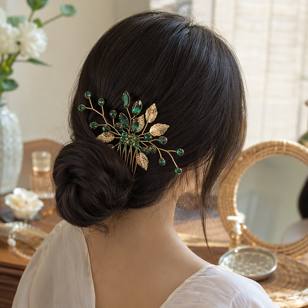Golden leaf emerald hair comb, a fashionable and elegant lady's comb details Picture
