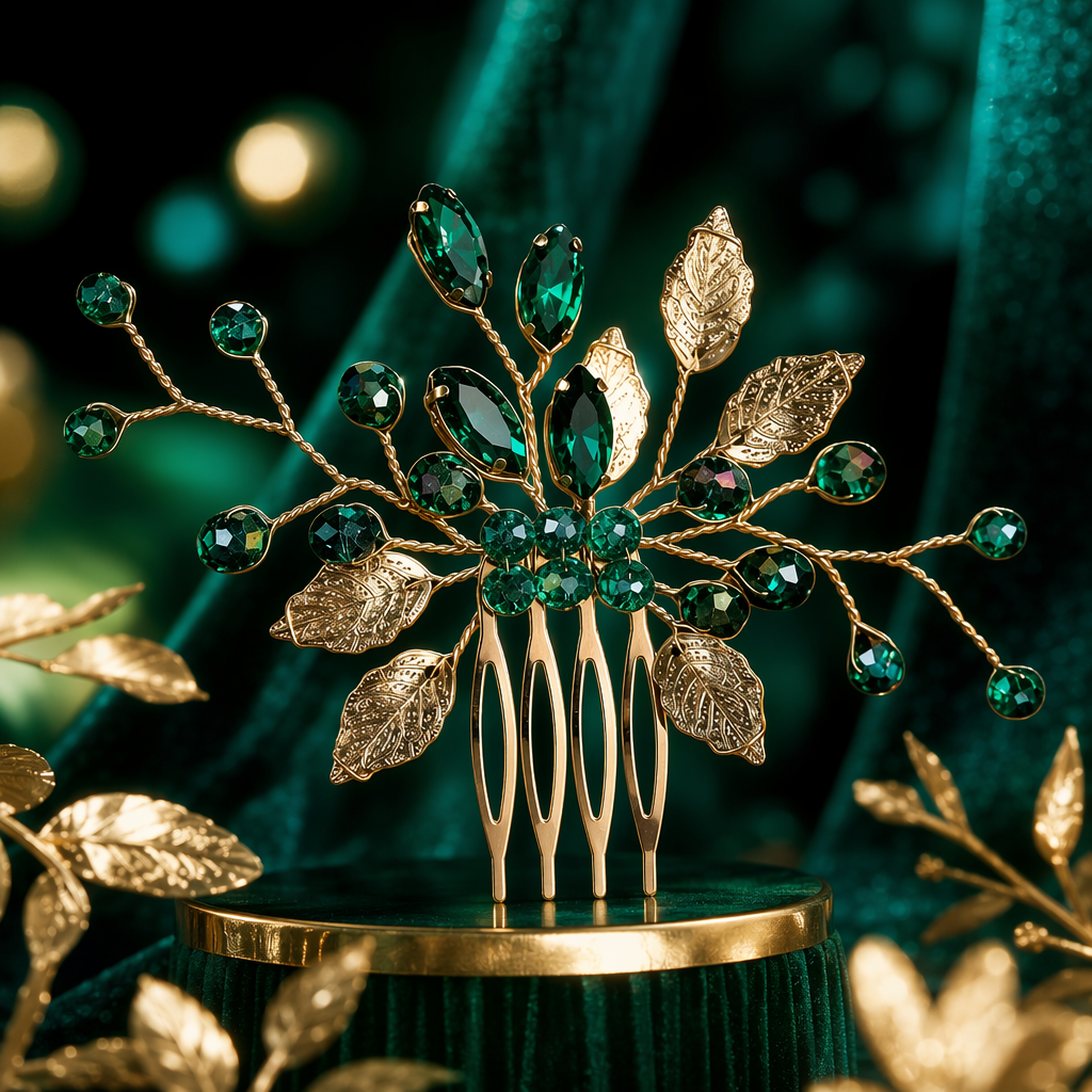 Golden leaf emerald hair comb, a fashionable and elegant lady's comb Specification image