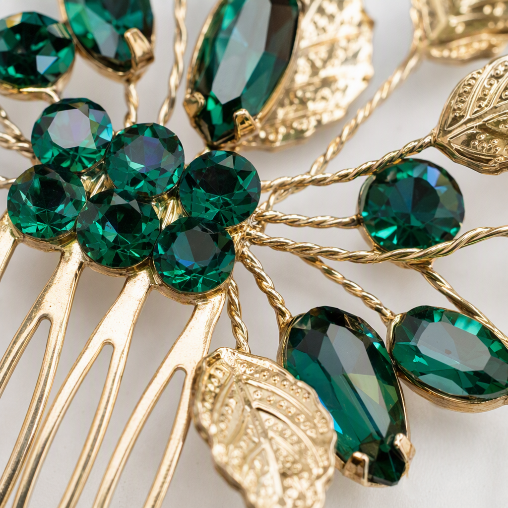 Golden leaf emerald hair comb, a fashionable and elegant lady's comb Application Scenario
