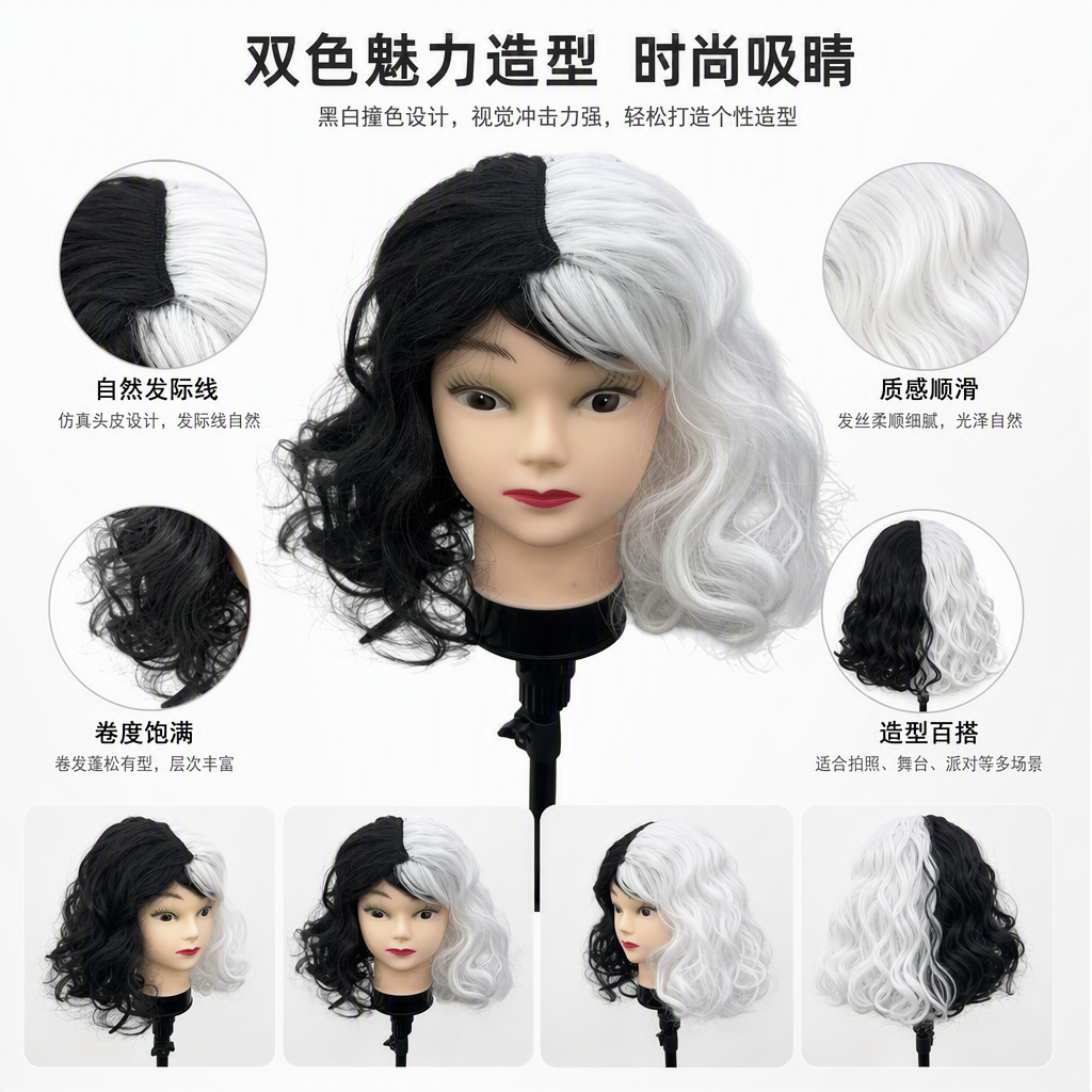 Black and white dual-color wig, doll head model, children's toys, DIY decorative accessories, creative display items, collectibles
