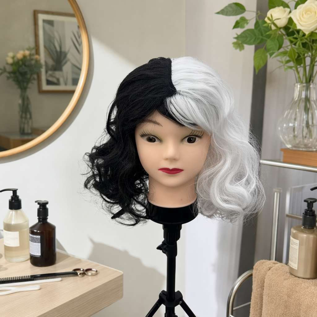 Black and white dual-color wig, doll head model, children's toys, DIY decorative accessories, creative display items, collectibles details Picture