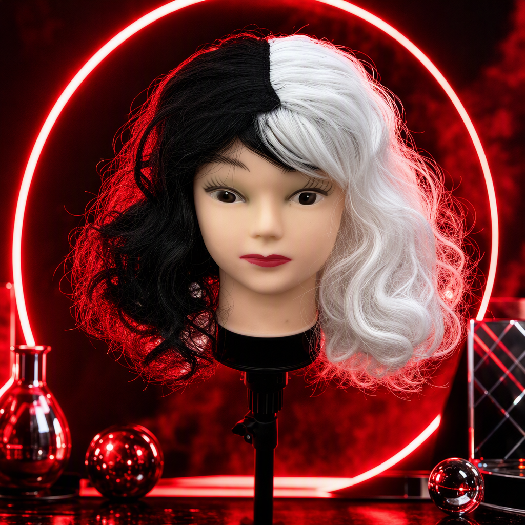 Black and white dual-color wig, doll head model, children's toys, DIY decorative accessories, creative display items, collectibles Specification image