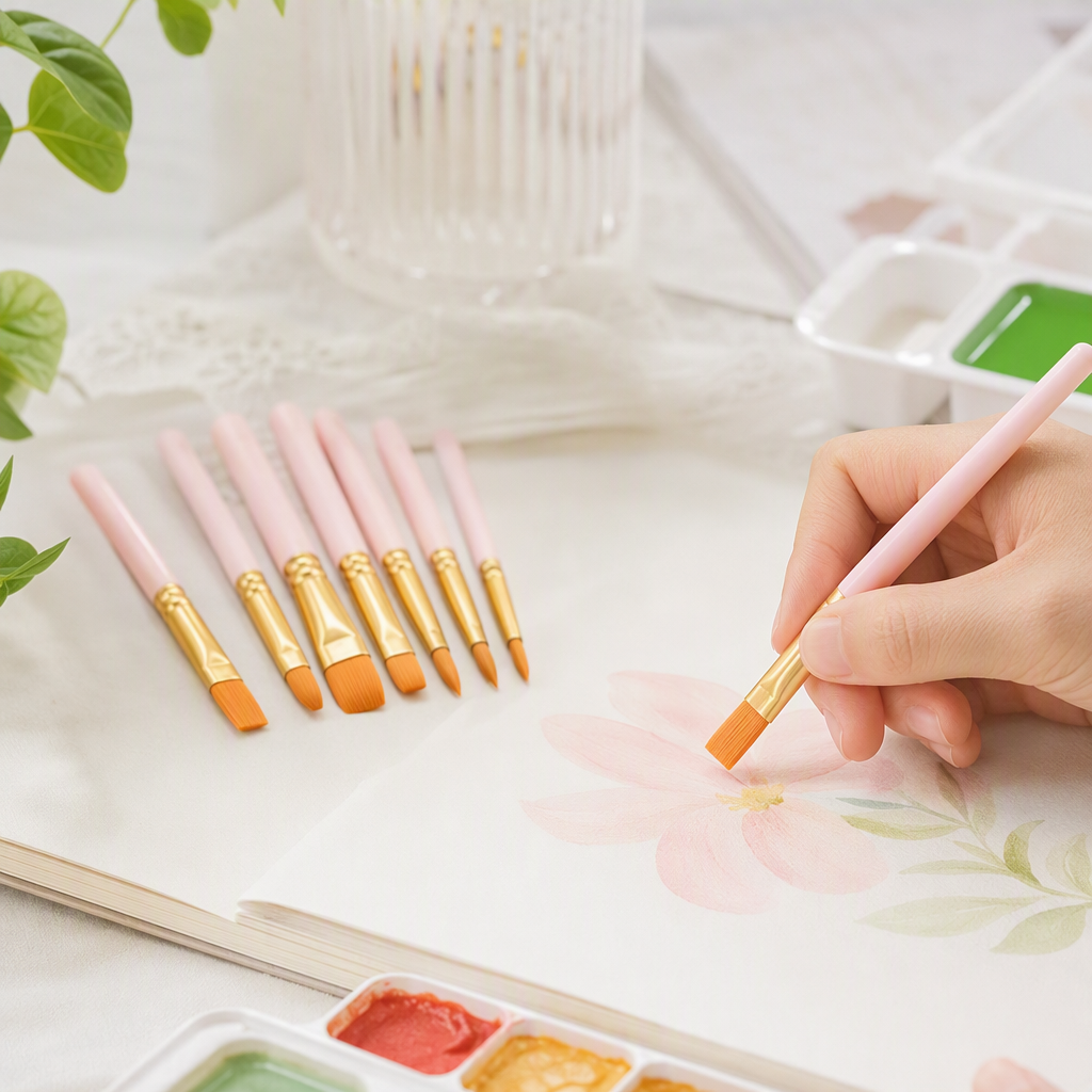 Pink handle, golden metal band, orange bristles, brush set, multi-purpose painting tools, professional handicraft supplies details Picture
