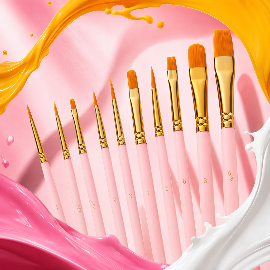 Pink handle, golden metal band, orange bristles, brush set, multi-purpose painting tools, professional handicraft supplies Specification image
