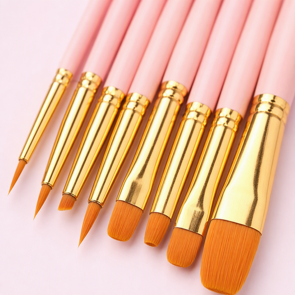 Pink handle, golden metal band, orange bristles, brush set, multi-purpose painting tools, professional handicraft supplies Application Scenario