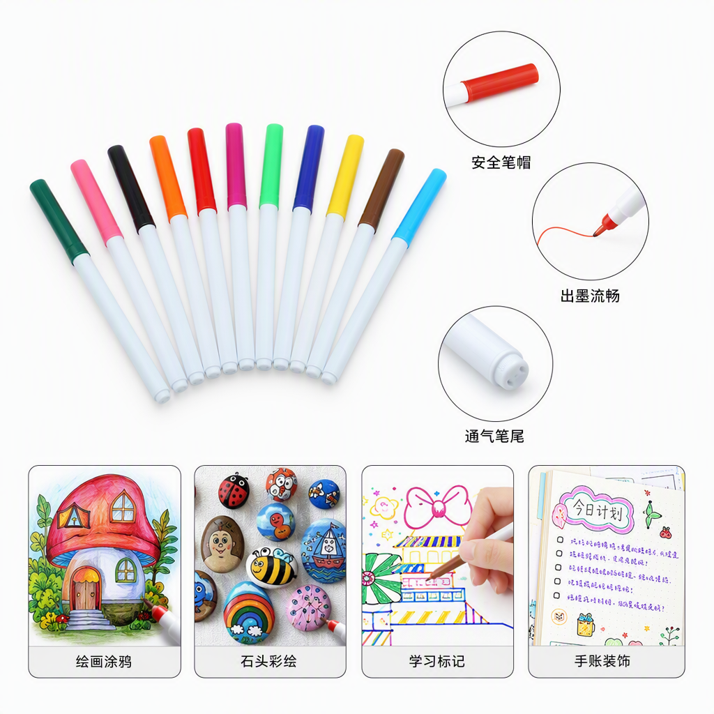 Multi-color pen body marker pen set, fine-tipped colored drawing and writing tools, student colored pens