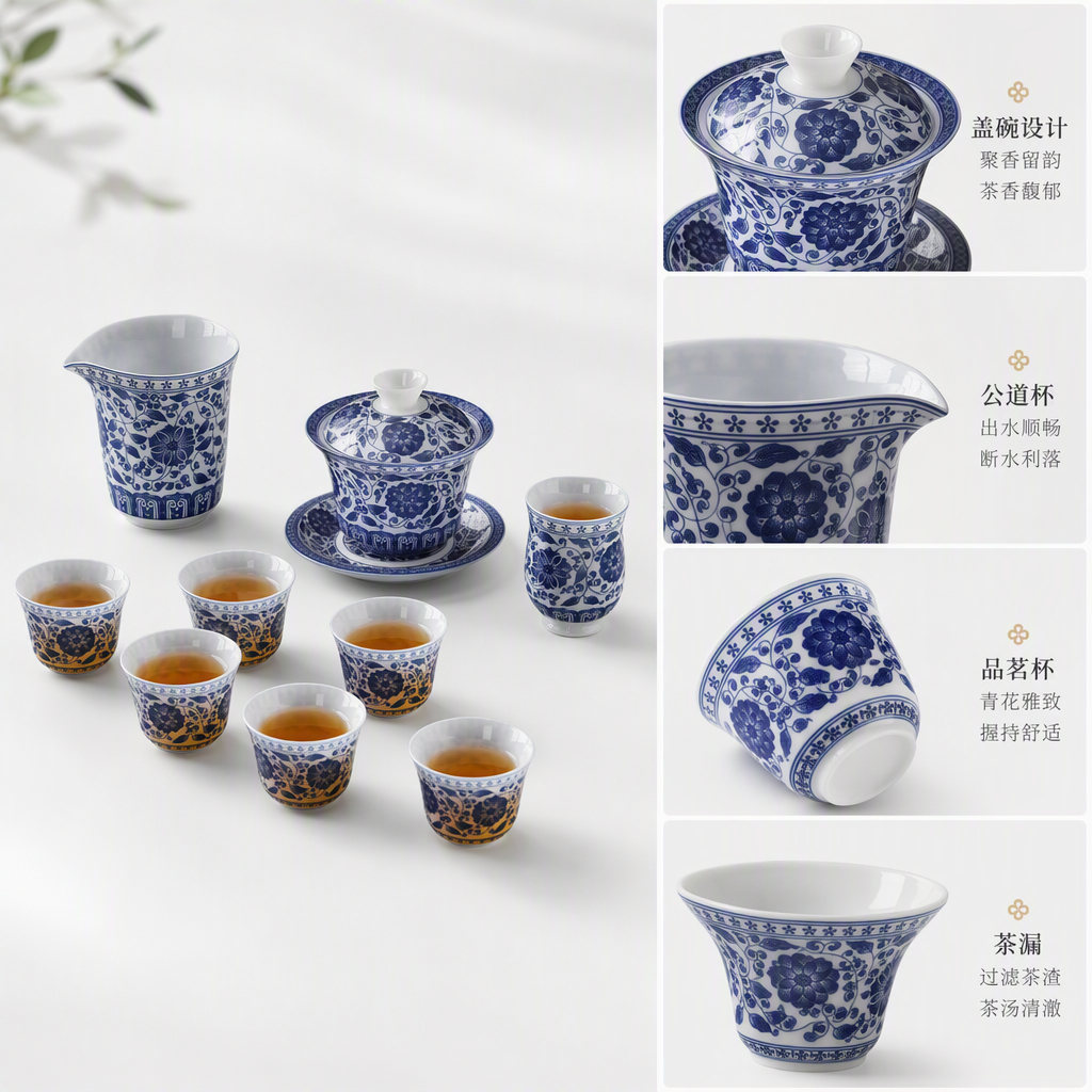 Blue and white porcelain tea set, ceramic Gongfu tea set gift box, home and office tea ceremony supplies