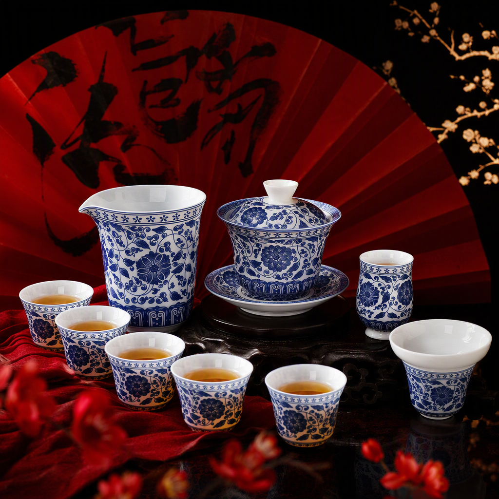 Blue and white porcelain tea set, ceramic Gongfu tea set gift box, home and office tea ceremony supplies Specification image