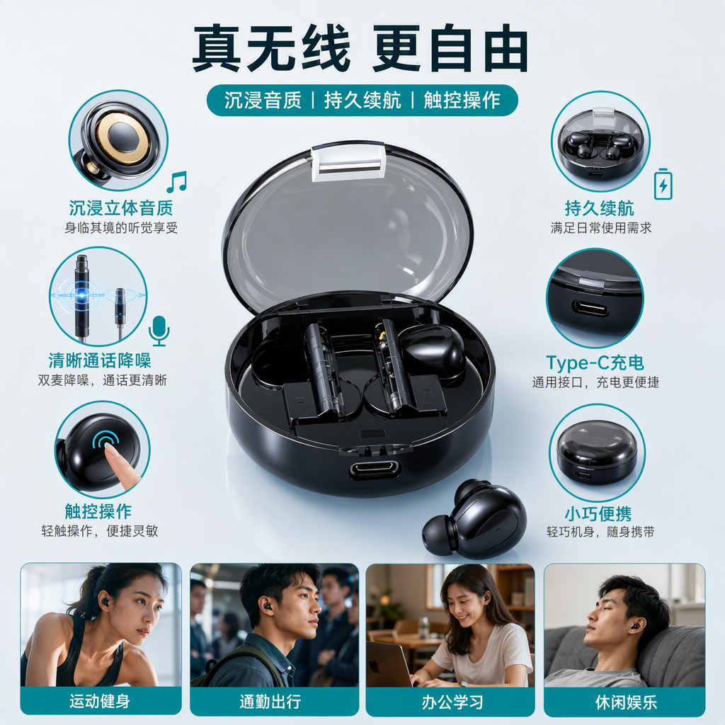 Blue and white packaging box true wireless headphones, high-definition stereo sound, lightweight and portable, suitable for sports calls, wireless Bluetooth headphones