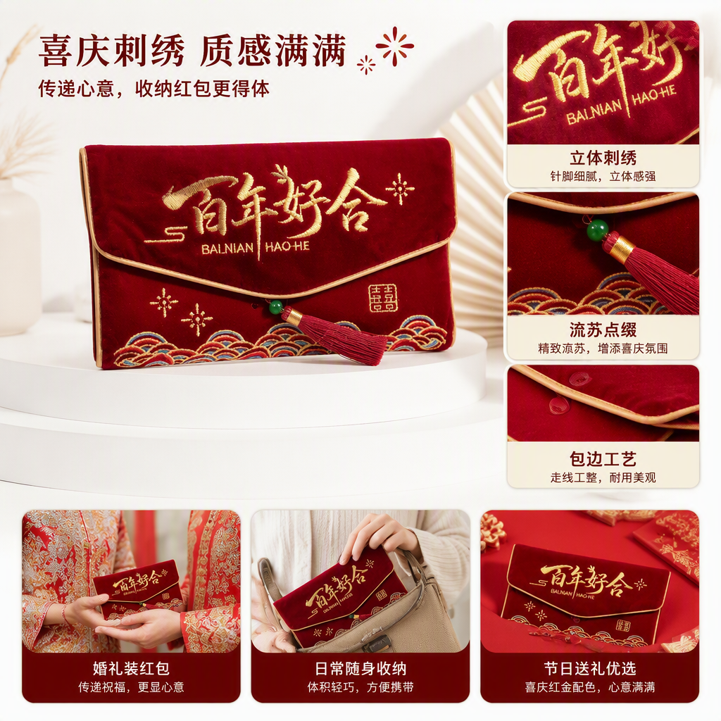 百年好合金色刺绣红包袋波浪祥云图案红色流苏装饰喜庆结婚礼品包邮