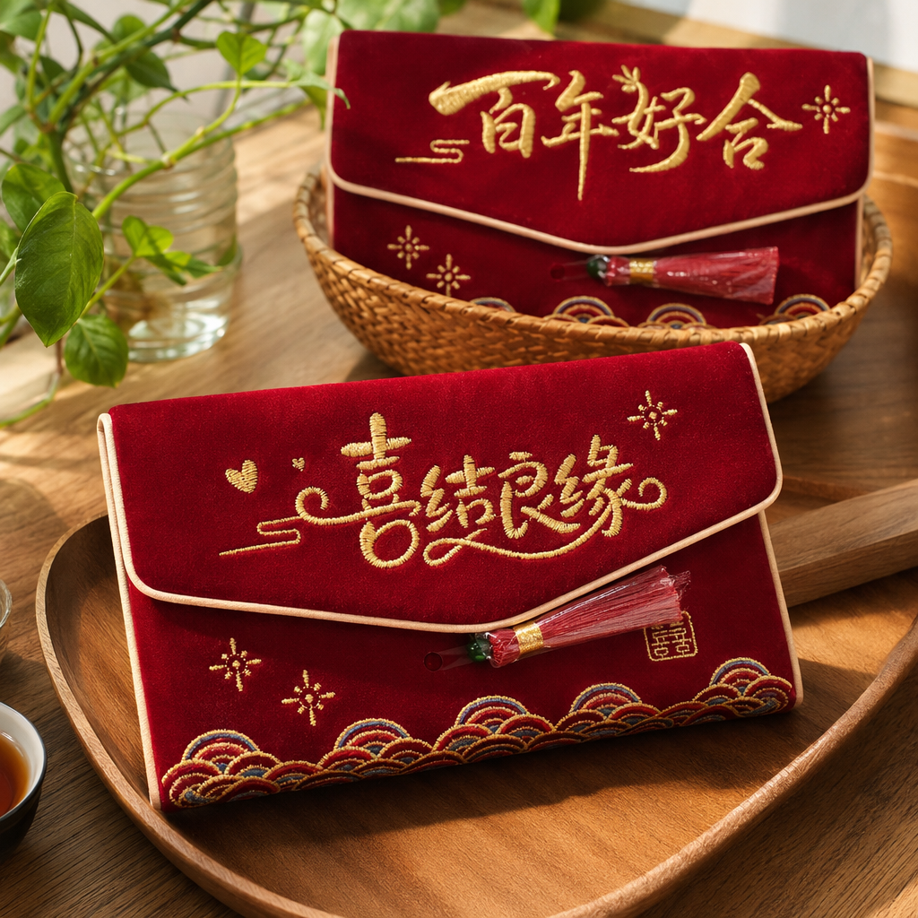 Centenario buen cierre bordado dorado bolsa de sobres rojos onda mascota patrón de nubes borlas rojas decoración fiesta paquete de regalo de boda correo details Picture