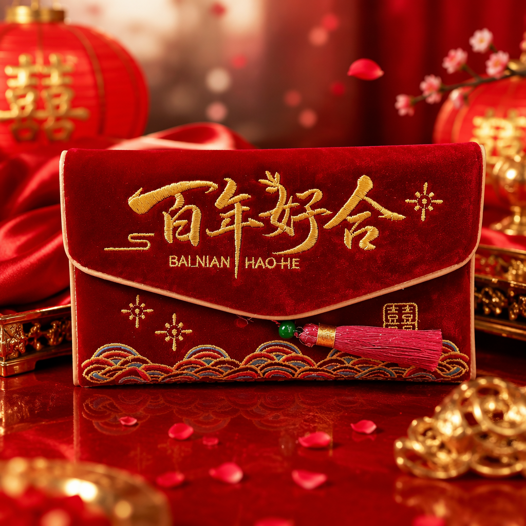 Centenario buen cierre bordado dorado bolsa de sobres rojos onda mascota patrón de nubes borlas rojas decoración fiesta paquete de regalo de boda correo Specification image