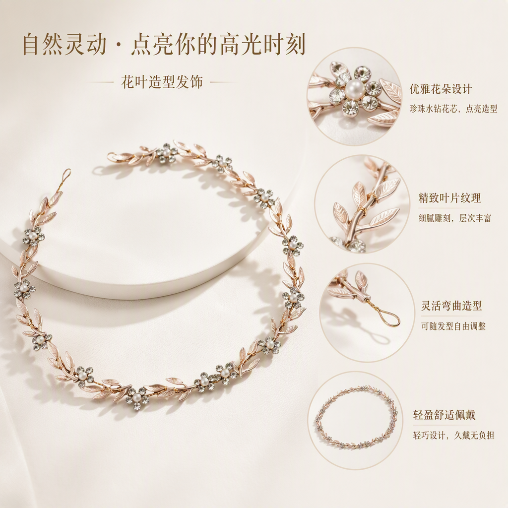 Golden leaf-shaped garland headwear, realistic green leaf bridal headwear, party decoration