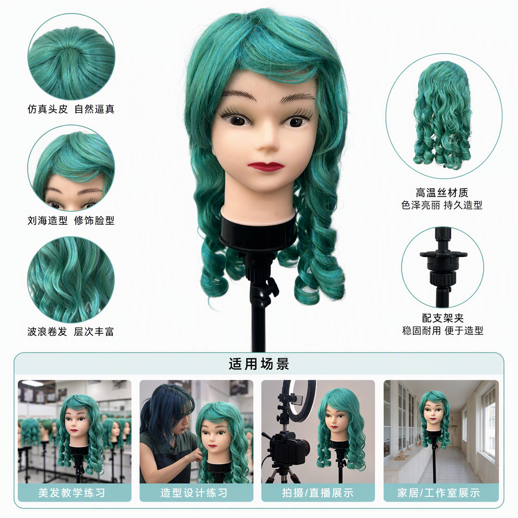 Natural curly cyan green wig head mold detachable multi-color design display model hair dummy head display product