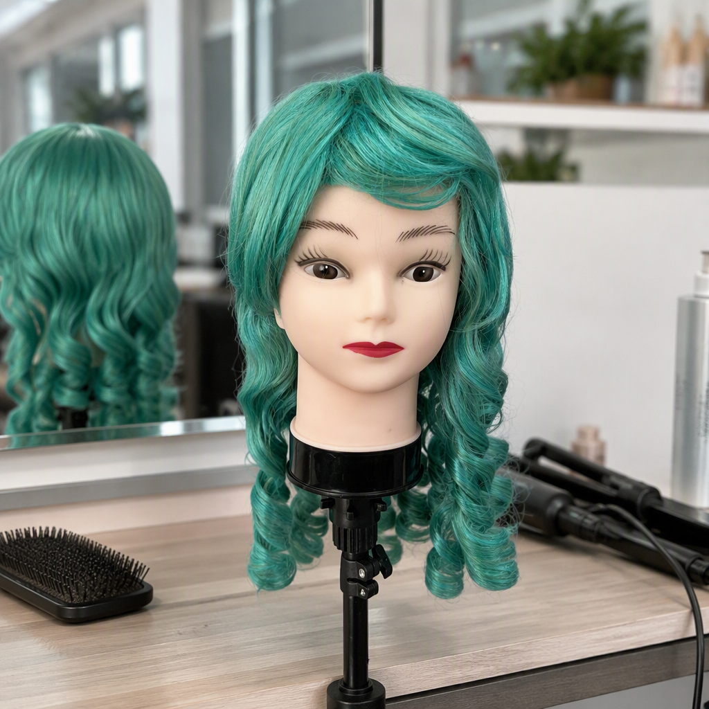 Natural curly cyan green wig head mold detachable multi-color design display model hair dummy head display product details Picture