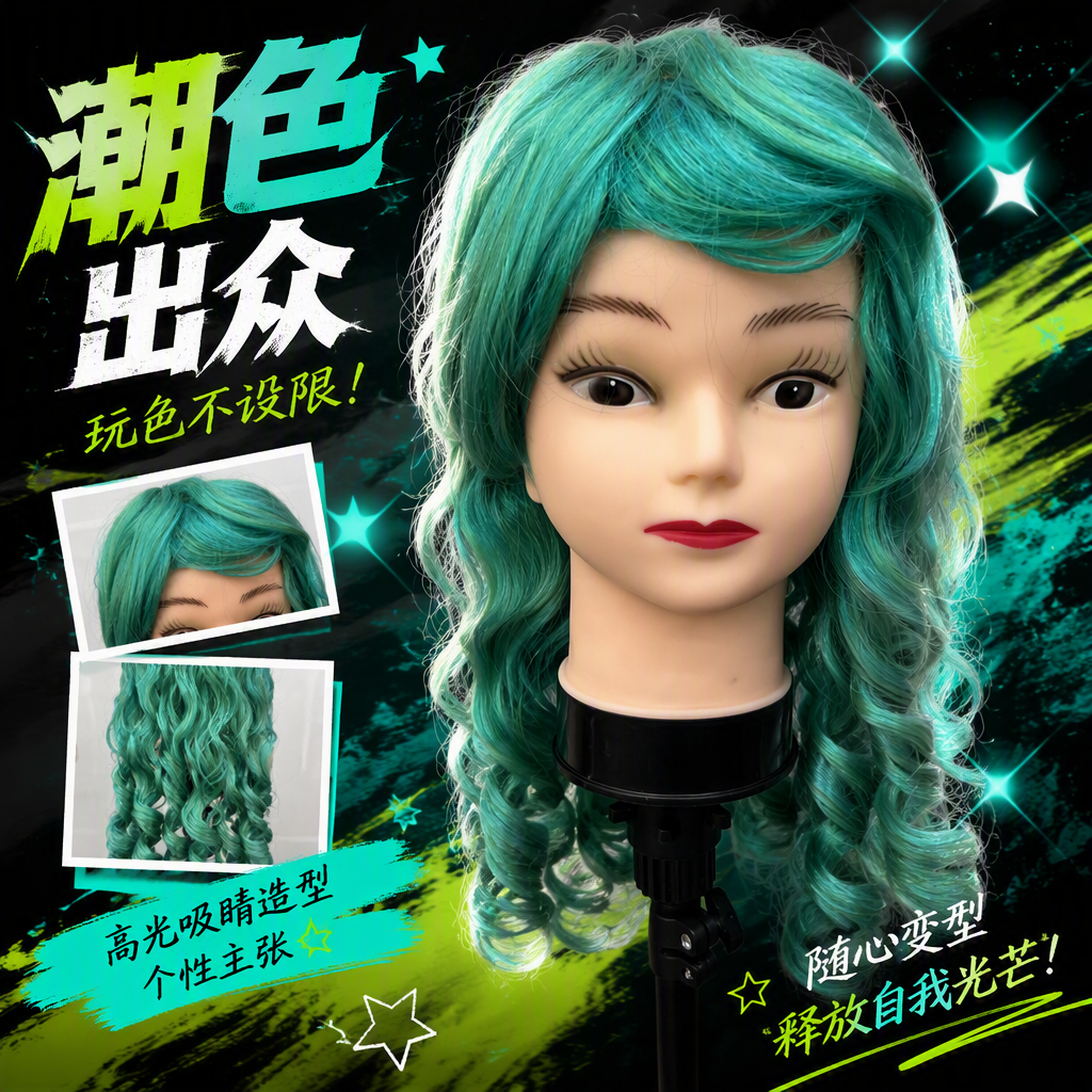 Natural curly cyan green wig head mold detachable multi-color design display model hair dummy head display product Specification image