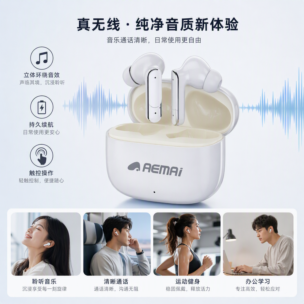 The headphones feature a fashionable blue and white packaging box, high-definition stereo sound, are lightweight and portable, suitable for multiple scenarios, and have a fashionable design