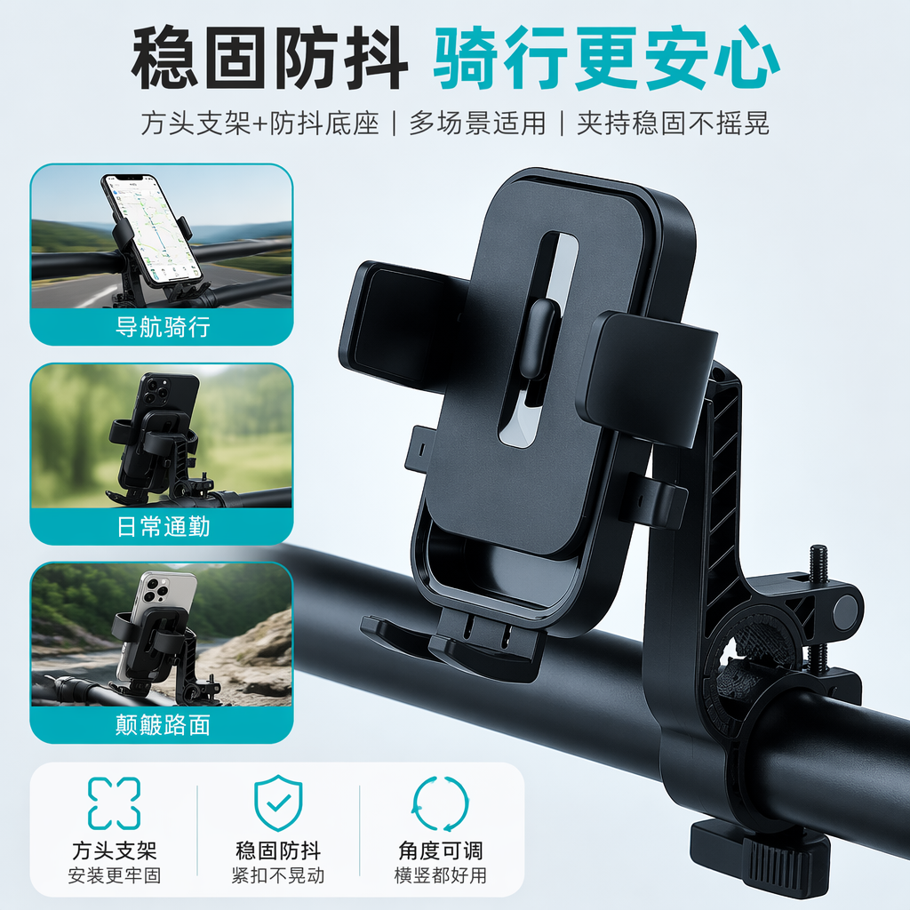 A multi-functional black bicycle and mobile phone stand, shockproof and anti-slip, is an essential accessory for portable cycling