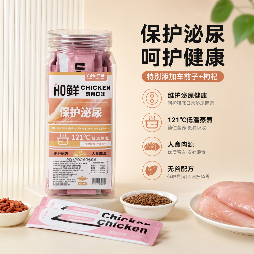 Comida embotellada plástica transparente 121°C sin gluten fórmula pollo sabor protección urología pellet oscuro snack saludable