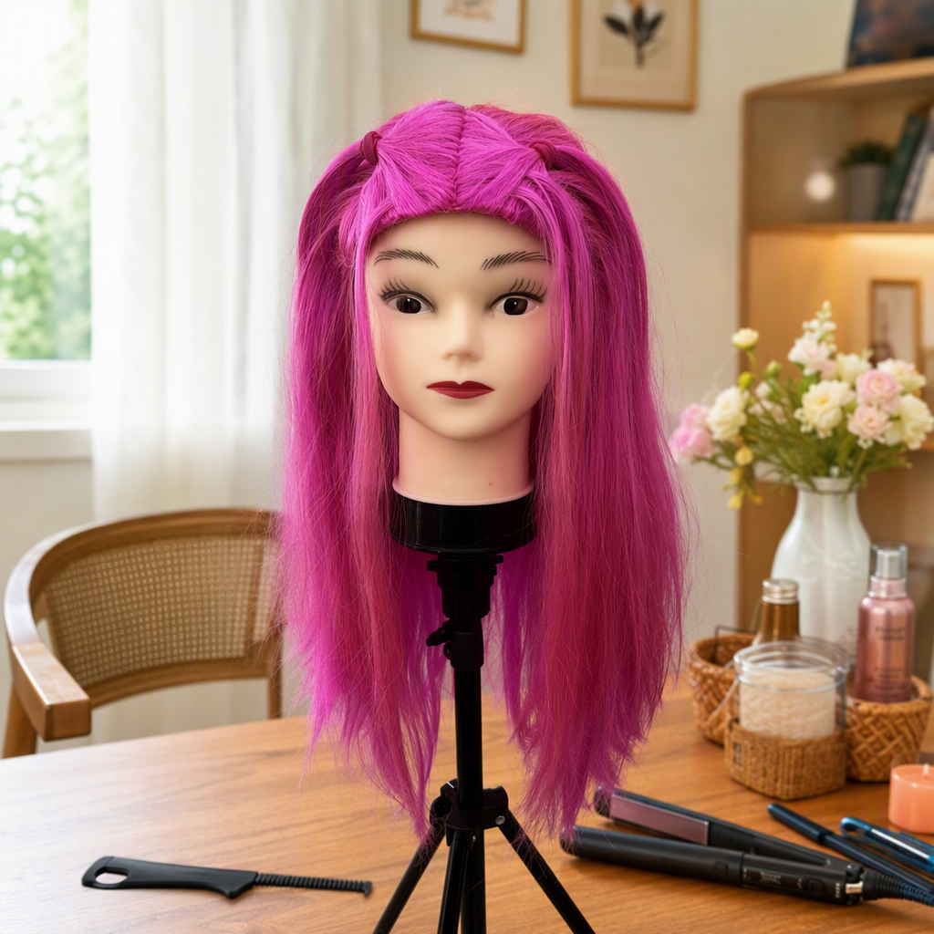 Pink long-haired dummy head display model, beauty and makeup practice props, hairstyle display supplies details Picture