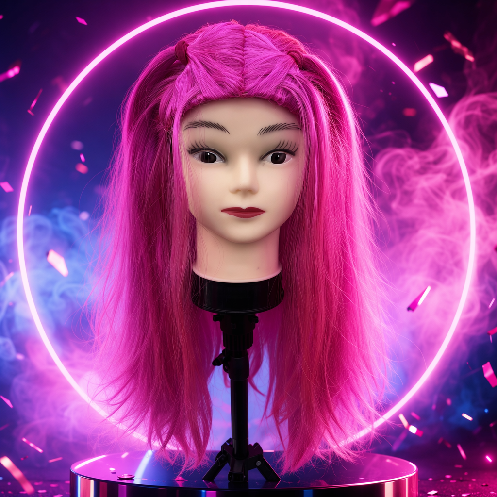 Pink long-haired dummy head display model, beauty and makeup practice props, hairstyle display supplies Specification image