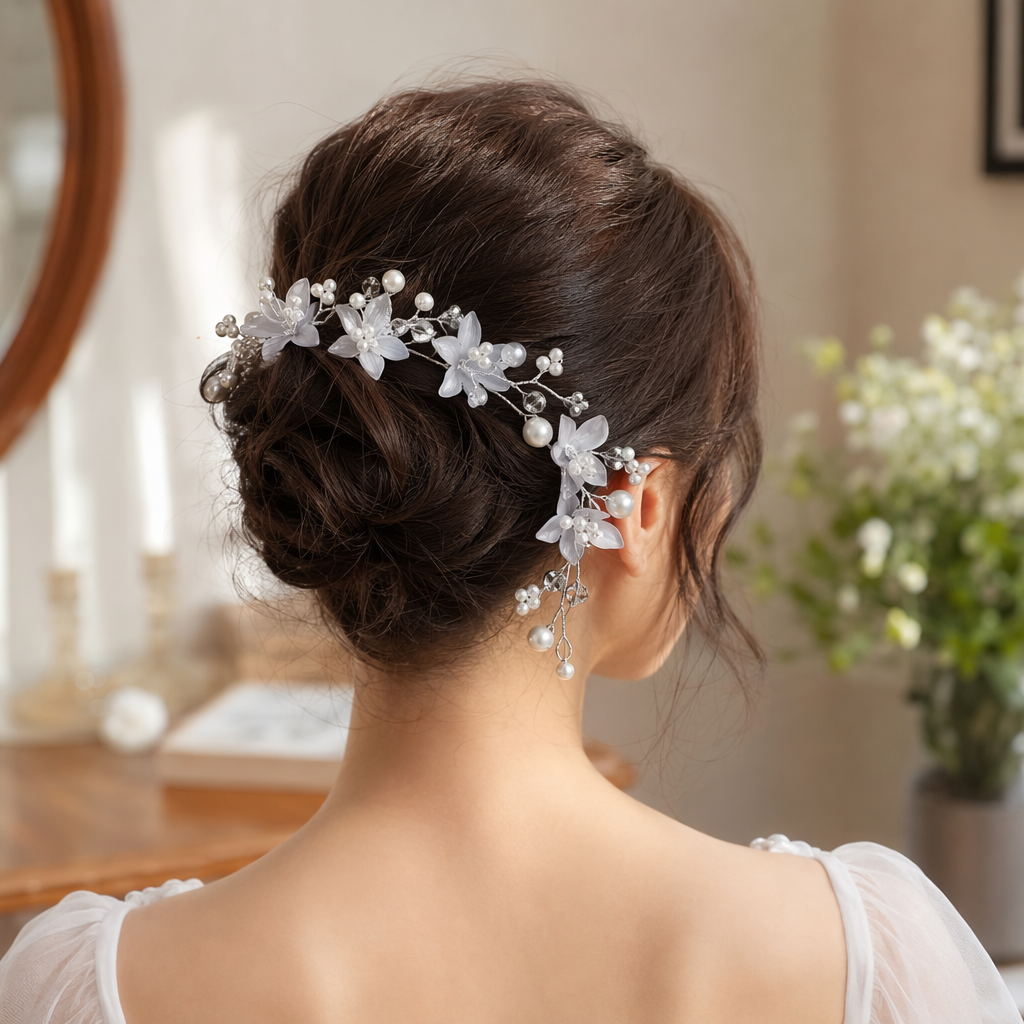 Flores blancas con aro de pelo perla para mujeres versión coreana simple y versátil tocado details Picture
