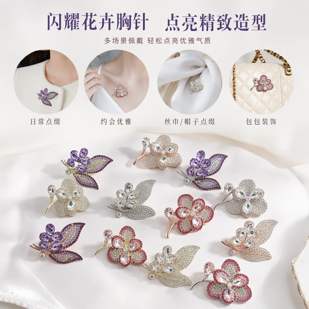 彩色水晶花朵叶片胸针 仿真立体装饰女士配饰