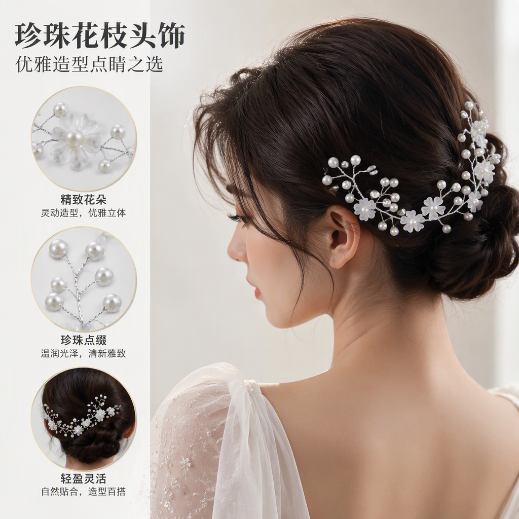 Silver branch leaf pearl flower crown headwear for ladies' wedding party hair accessories